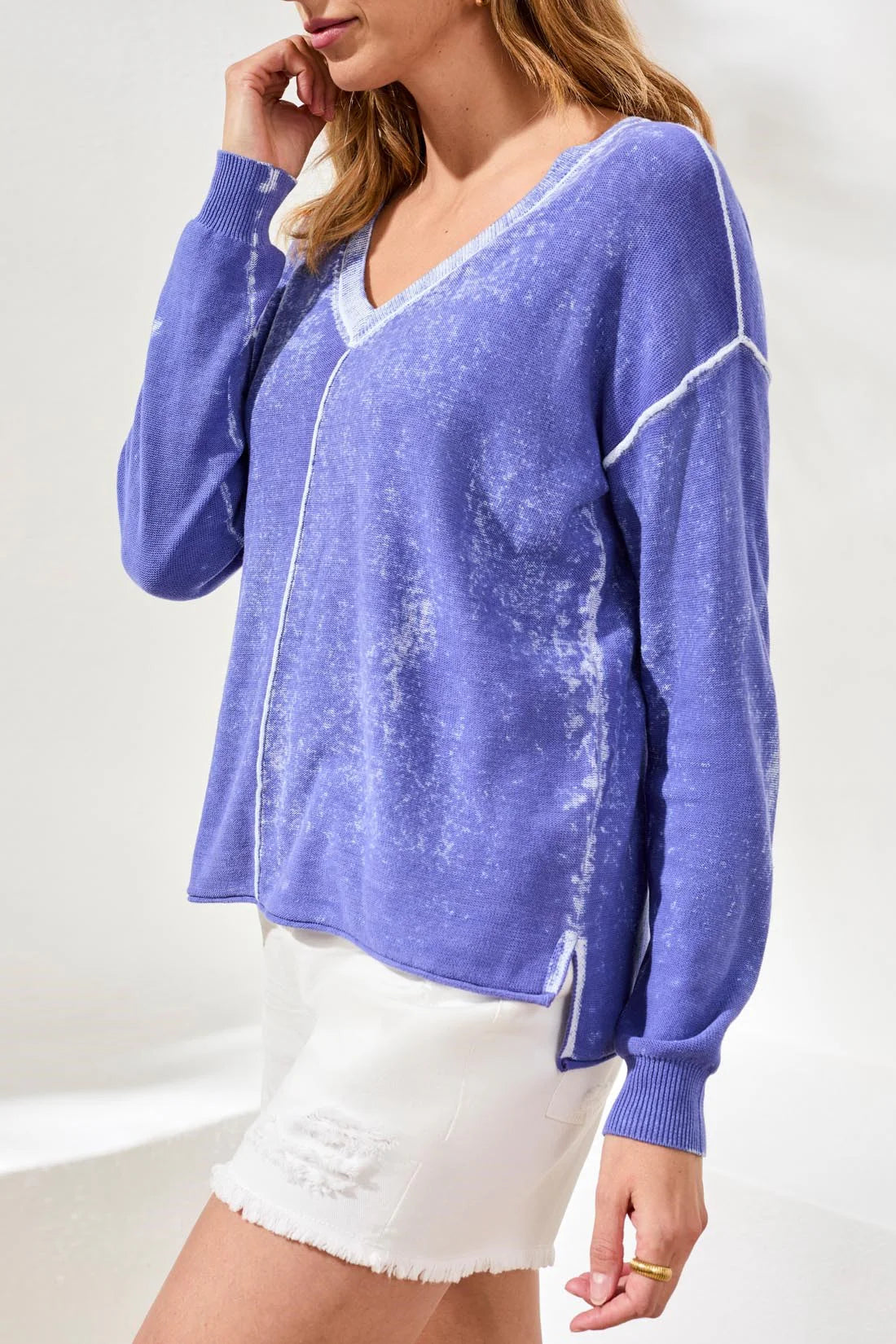 Tribal Cotton V- Neck Sweater Baja Blue