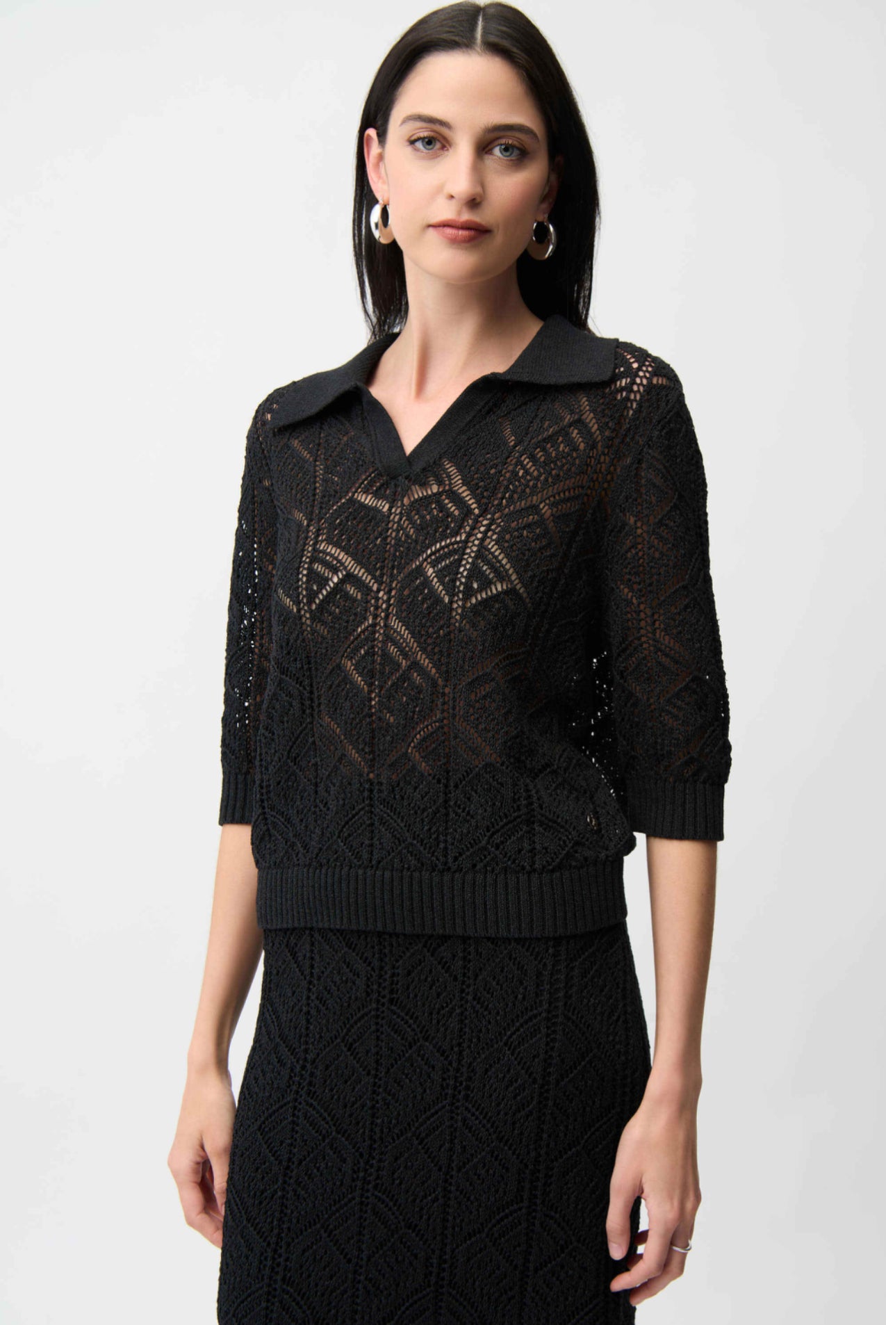 Joseph Ribkoff Cotton Blend Open Stitch Sweater with Polo Collar 261929