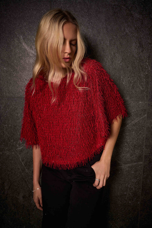 Joseph Ribkoff Novelty Fringe Boxy Top Red 254105