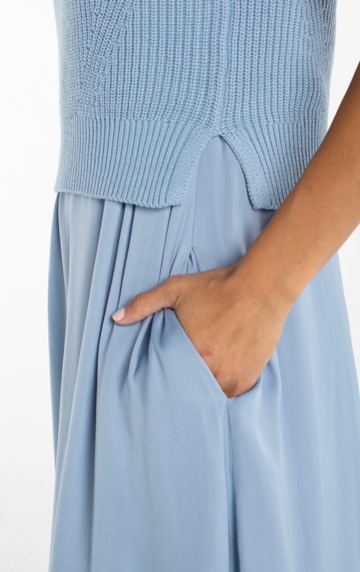 Liverpool Sleeveless Tie Back Sweater Woven Dress Malibu Blue