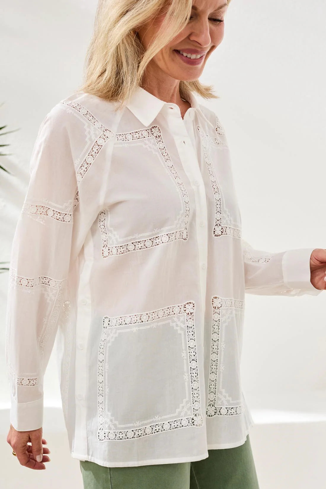 Tribal Embroidered Cotton Voile Button Blouse