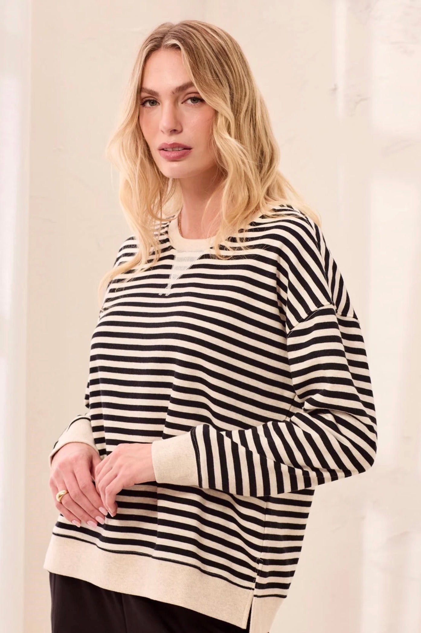 Tribal Drop Shoulder Striped Crewneck