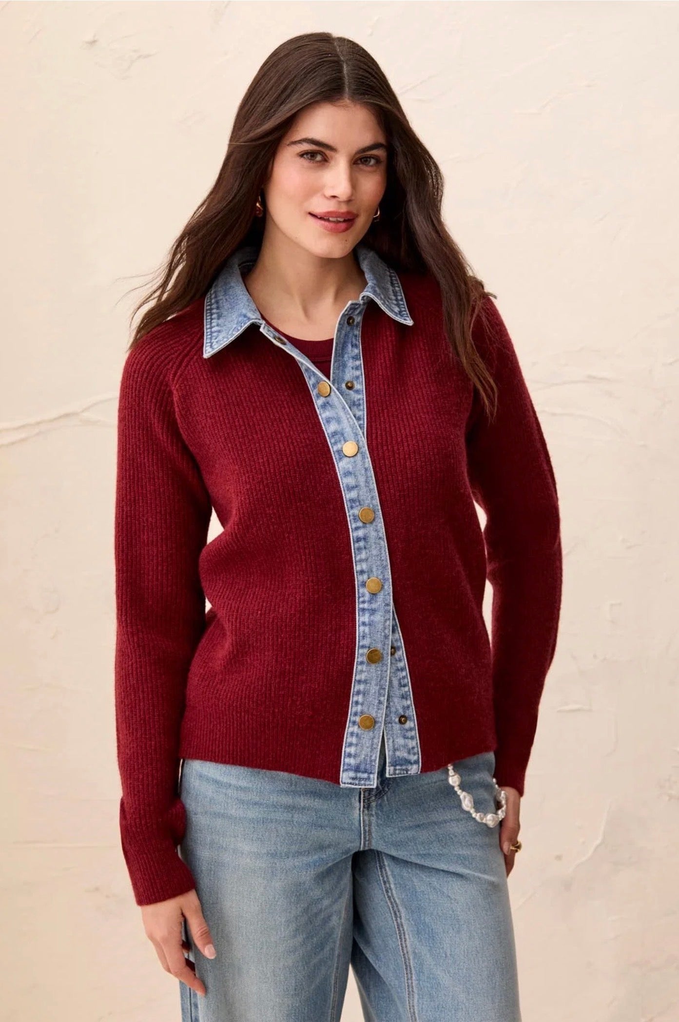 Tribal Denim Trim Sweater Jacket Cherry