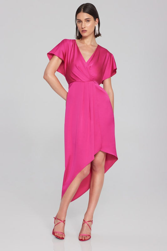 Joseph Ribkoff Satin Asymmetrical Flowy Wrap Dress Pink 241777