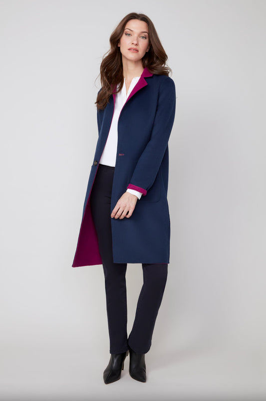 Renuar Reversible Long Wool Coat Mulberry/Navy