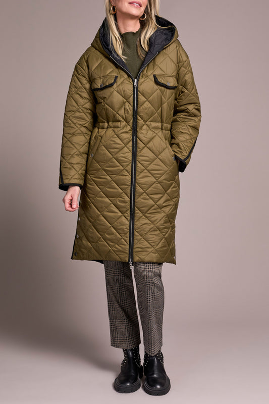 Tribal Long Sleeve Zip-Front Reversible Puffer Jacket with Hood