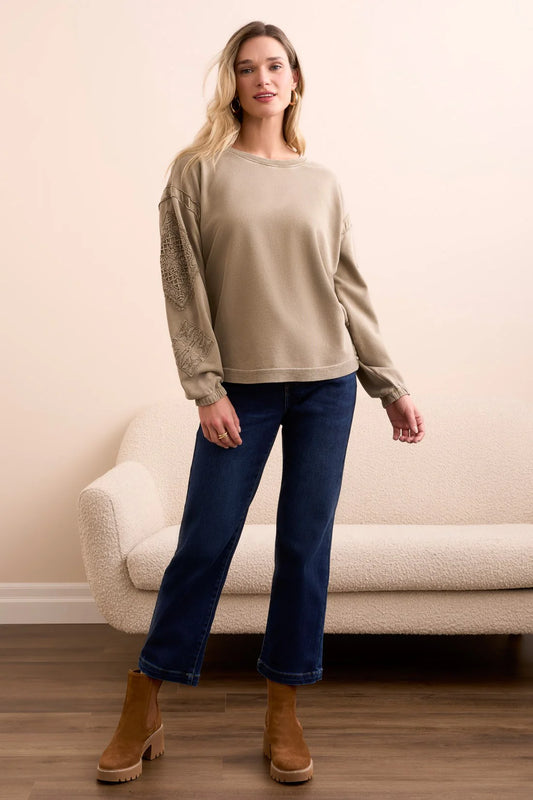 Tribal Embroidered Sleeve Sweatshirt Olive Leaf