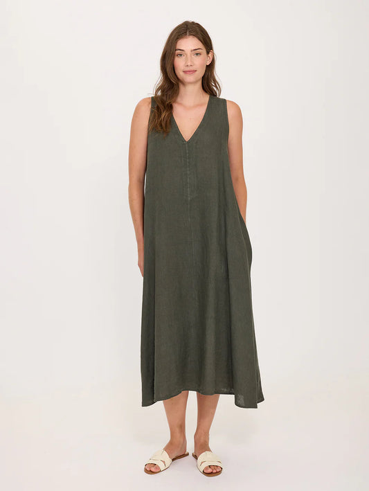 Pistache Midi V-Neck Linen Dress Military Green