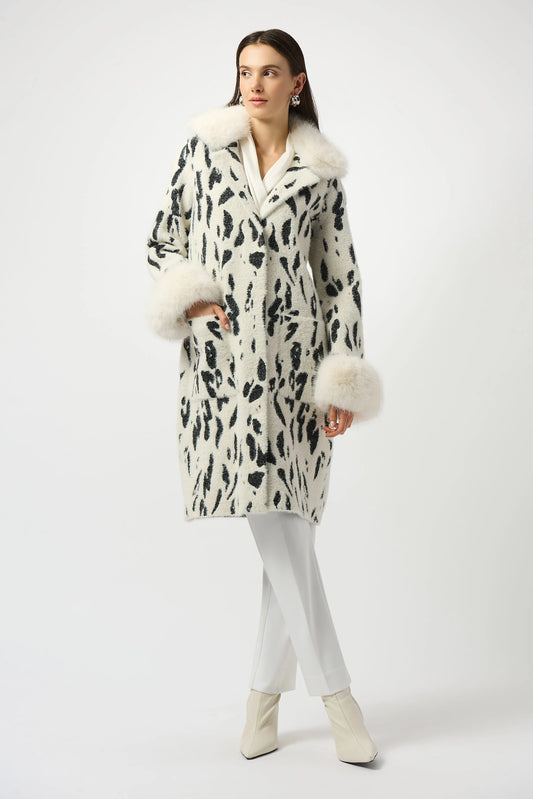 Joseph Ribkoff Feather Yarn Animal Jacquard Coat with Faux Fur Trim 253904