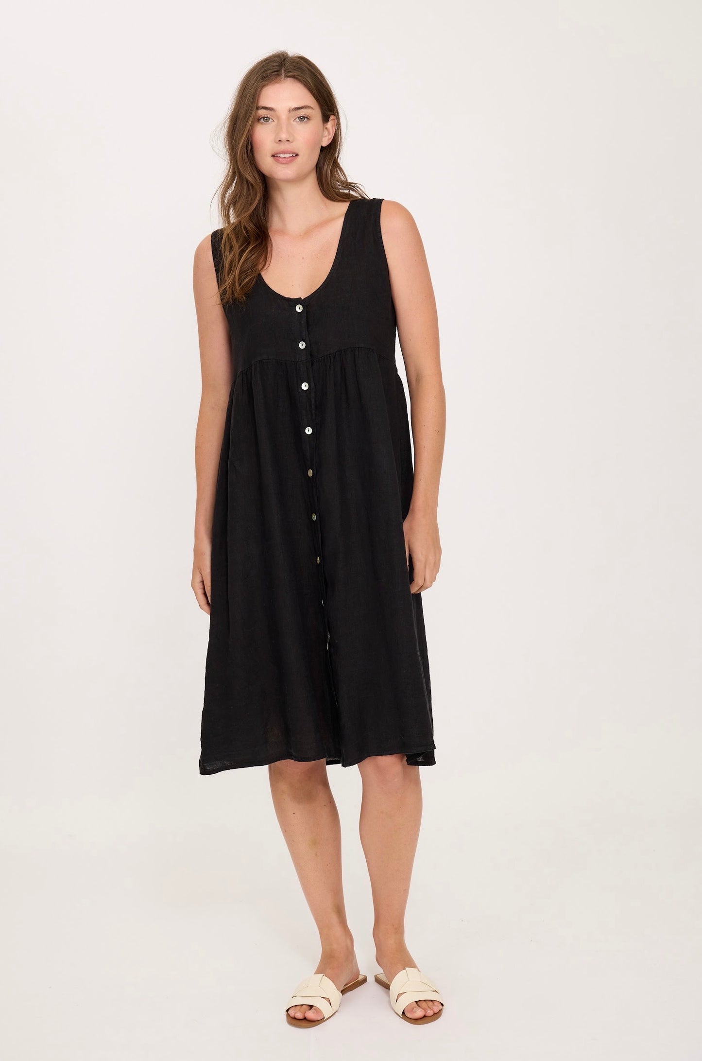 Pistache Sleeveless Buttoned Linen Dress Black