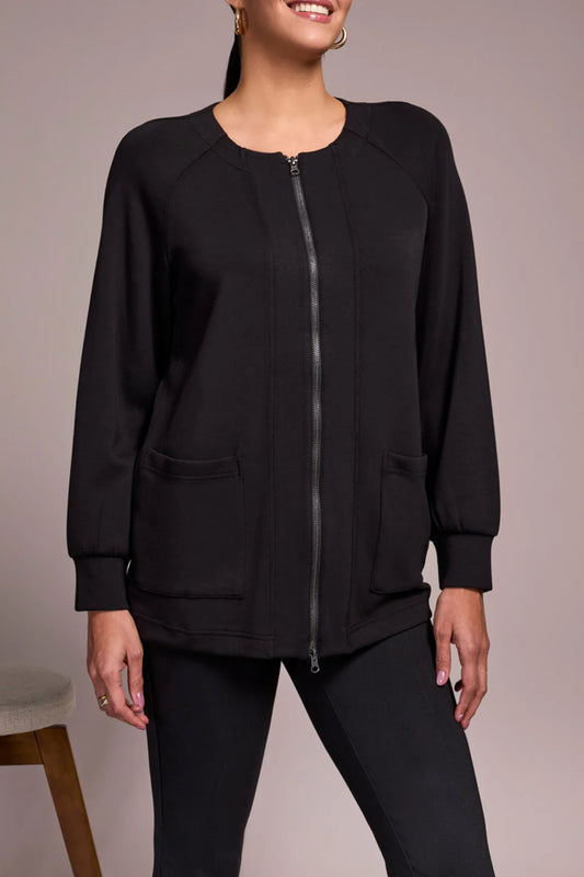 Tribal Round Neck Zip Up Top Black