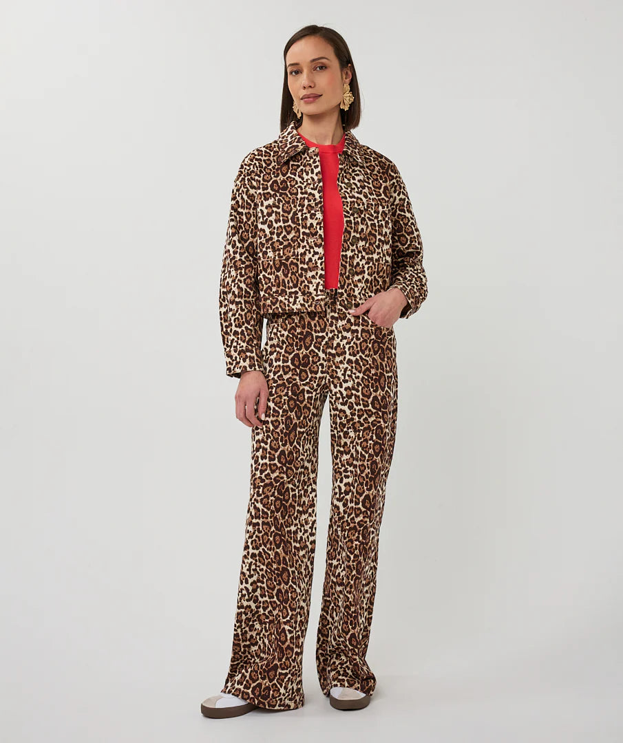 Esqualo Leopard Print Boxy Denim Jacket