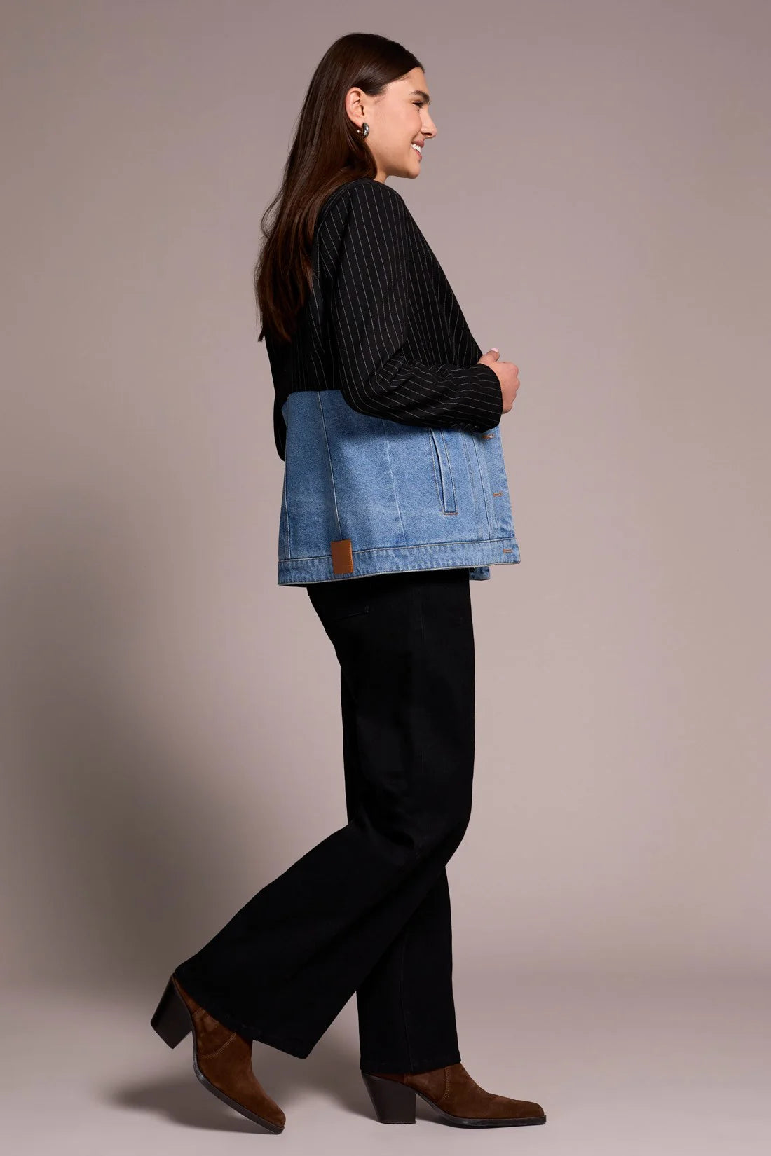 BLUE THREAD MIXED MEDIA PIN STRIPE & DENIM BLAZER