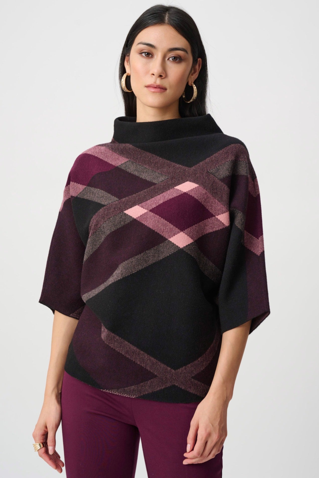 Joseph Ribkoff Brushed Viscose And Nylon Plaid Funnel-Neck Sweater 263947