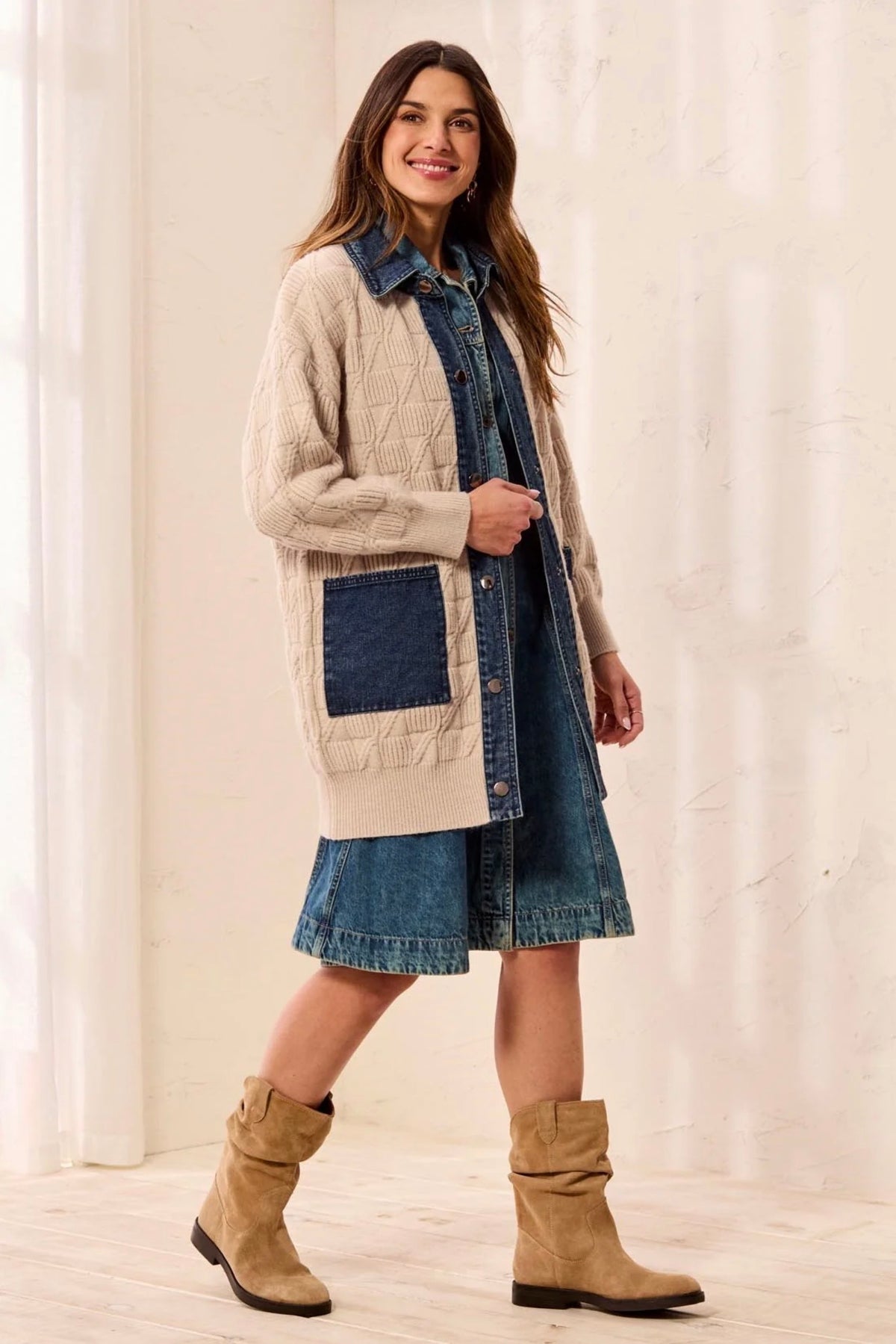 Tribal Cable Knit Denim Collar Coatigan