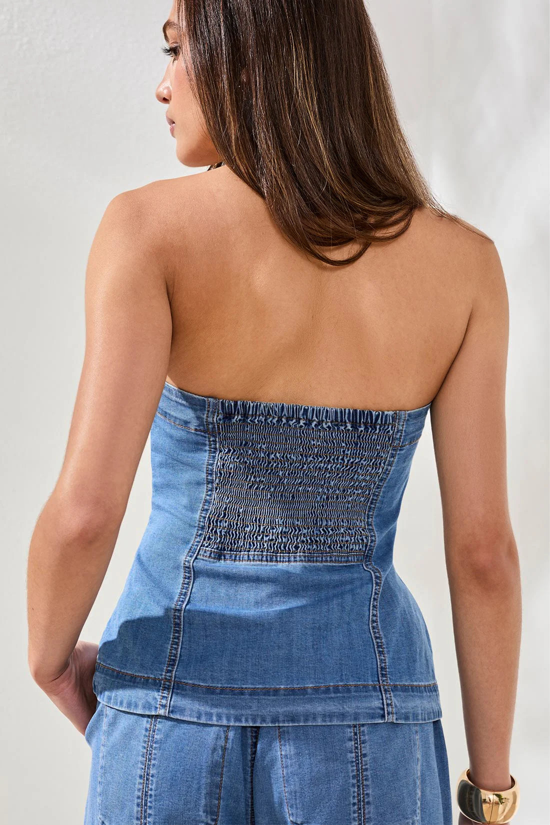 Tribal Blue Thread Denim Bustier Button Up Top