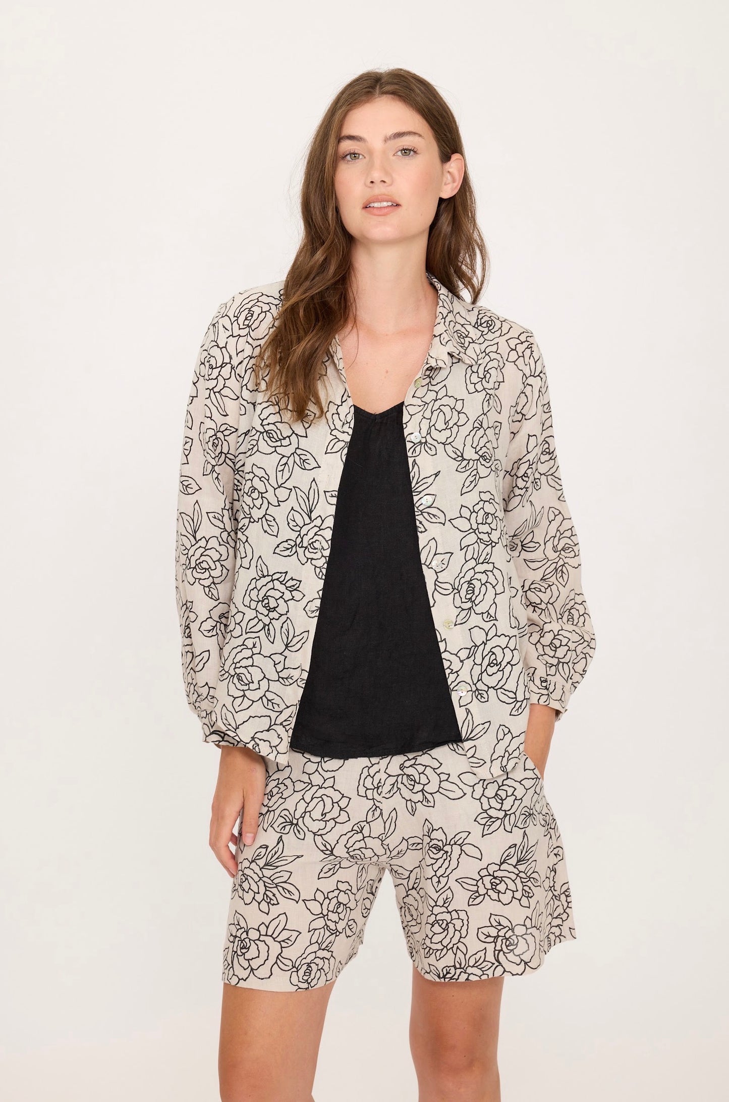 Pistache Slim Linen Blouse Rose Print