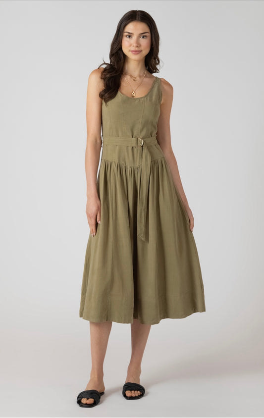 Dex Belted Drop Waist Midi Dress Sage