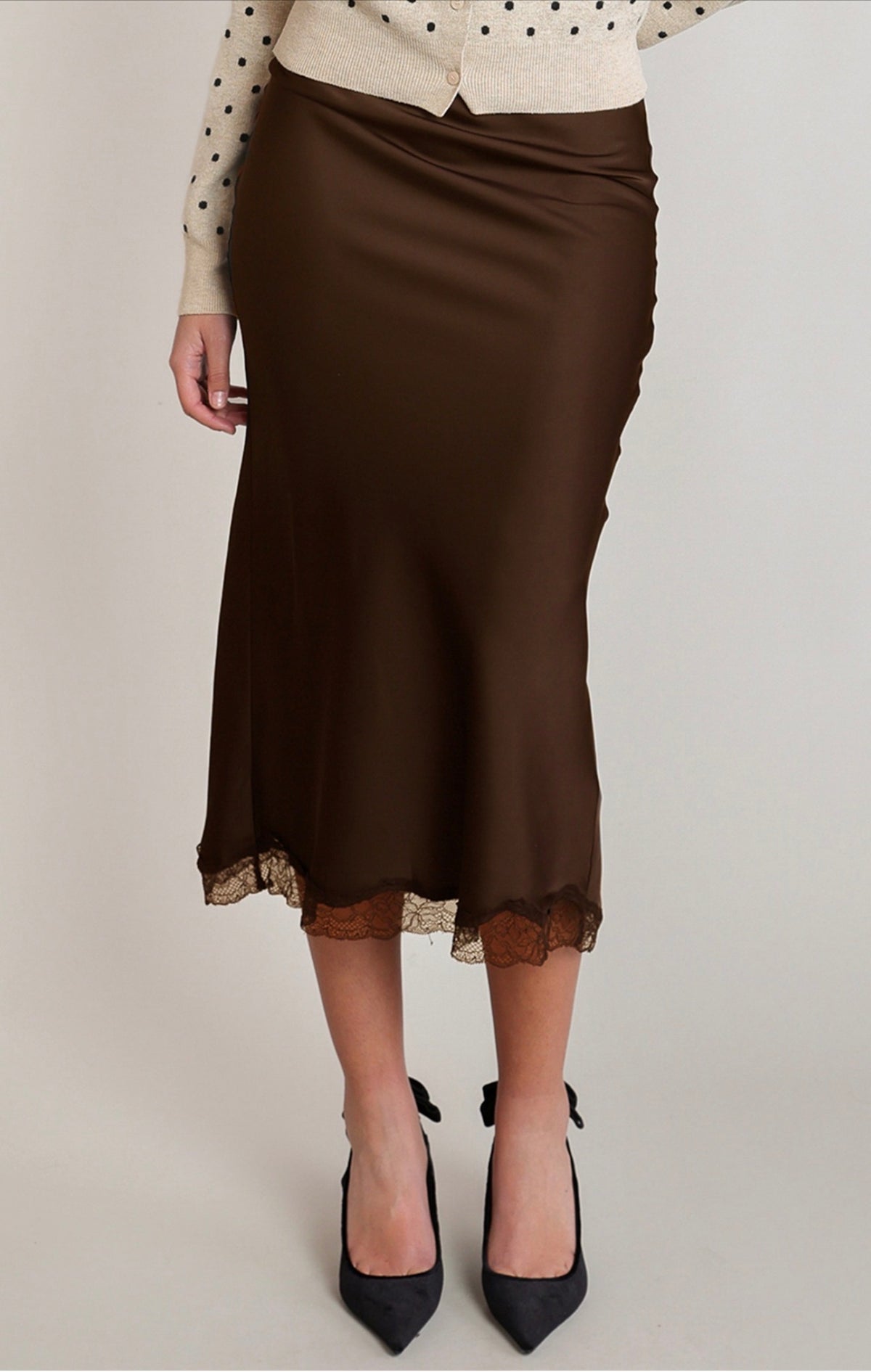 Dex Satin Lace Trim Skirt Chocolate