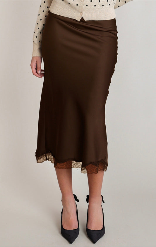 Dex Satin Lace Trim Skirt Chocolate