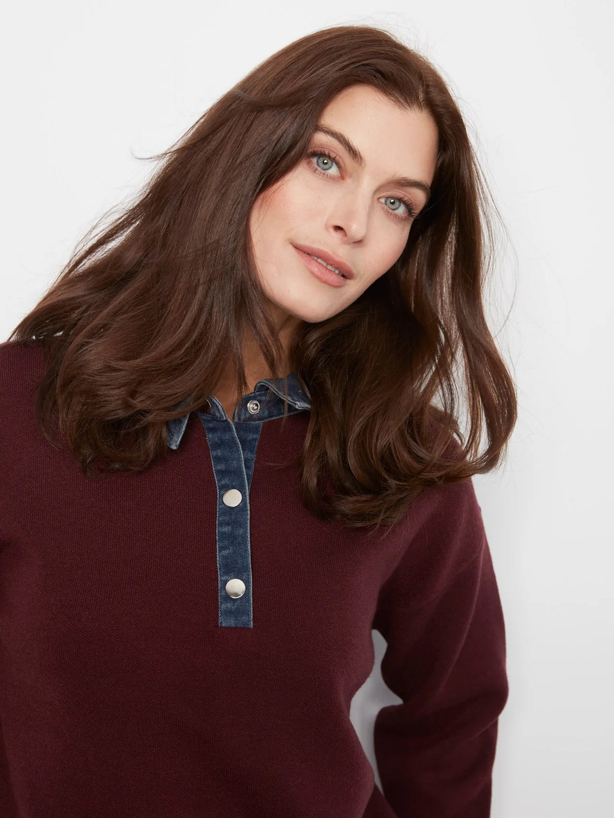 Denim Trim Polo Sweater - Merlot