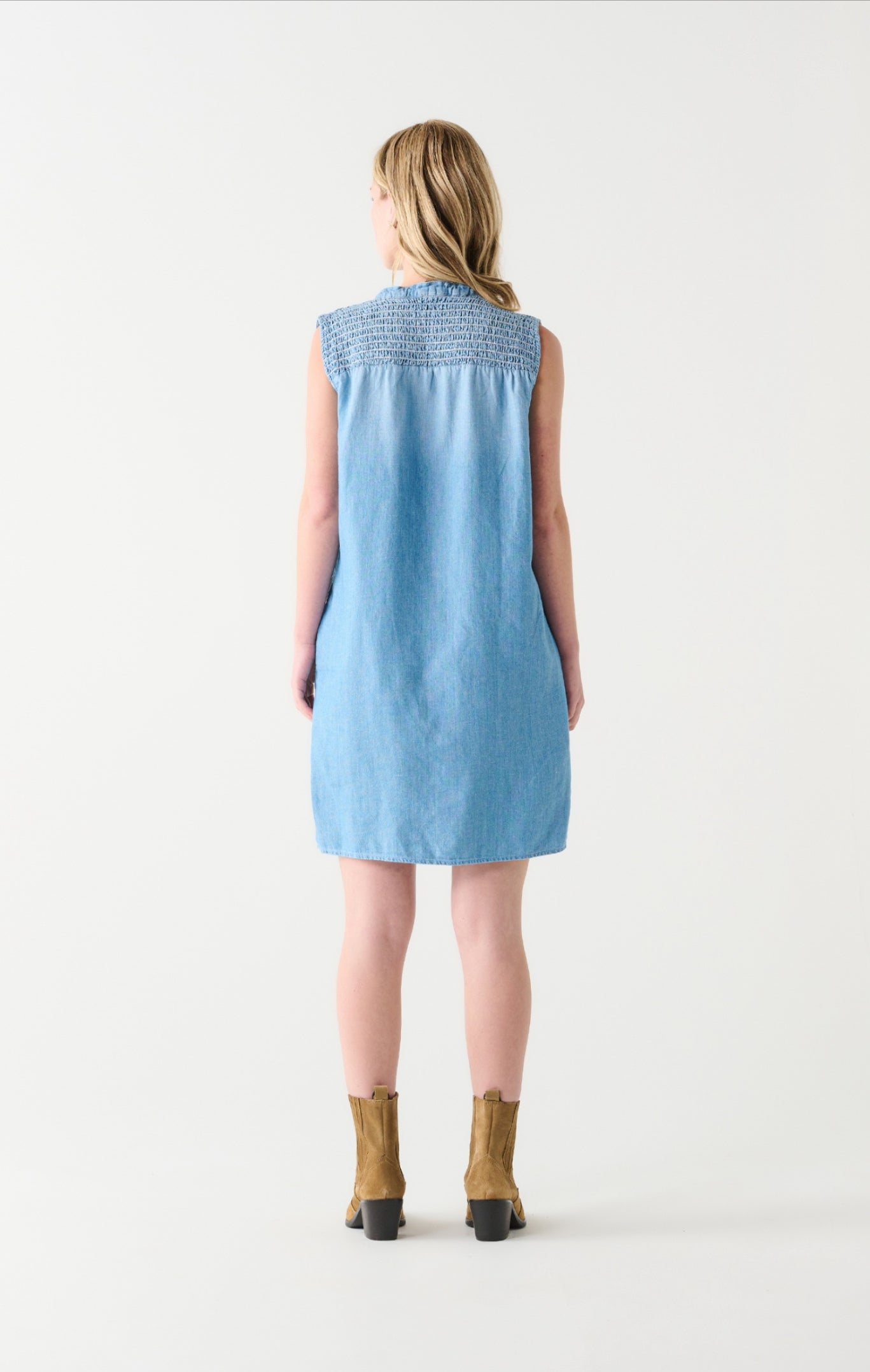 Dex Smocked Shoulder Denim Mini Dress