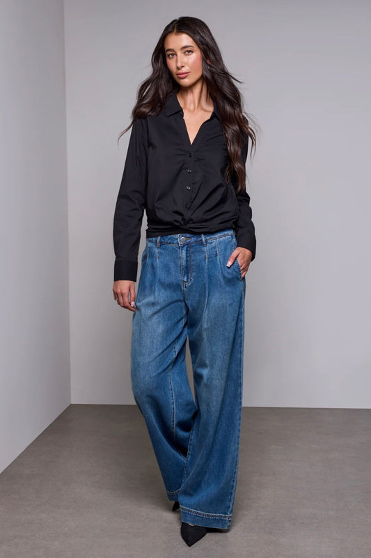 Tribal Blue Thread Knot Front Collared Shirt Black