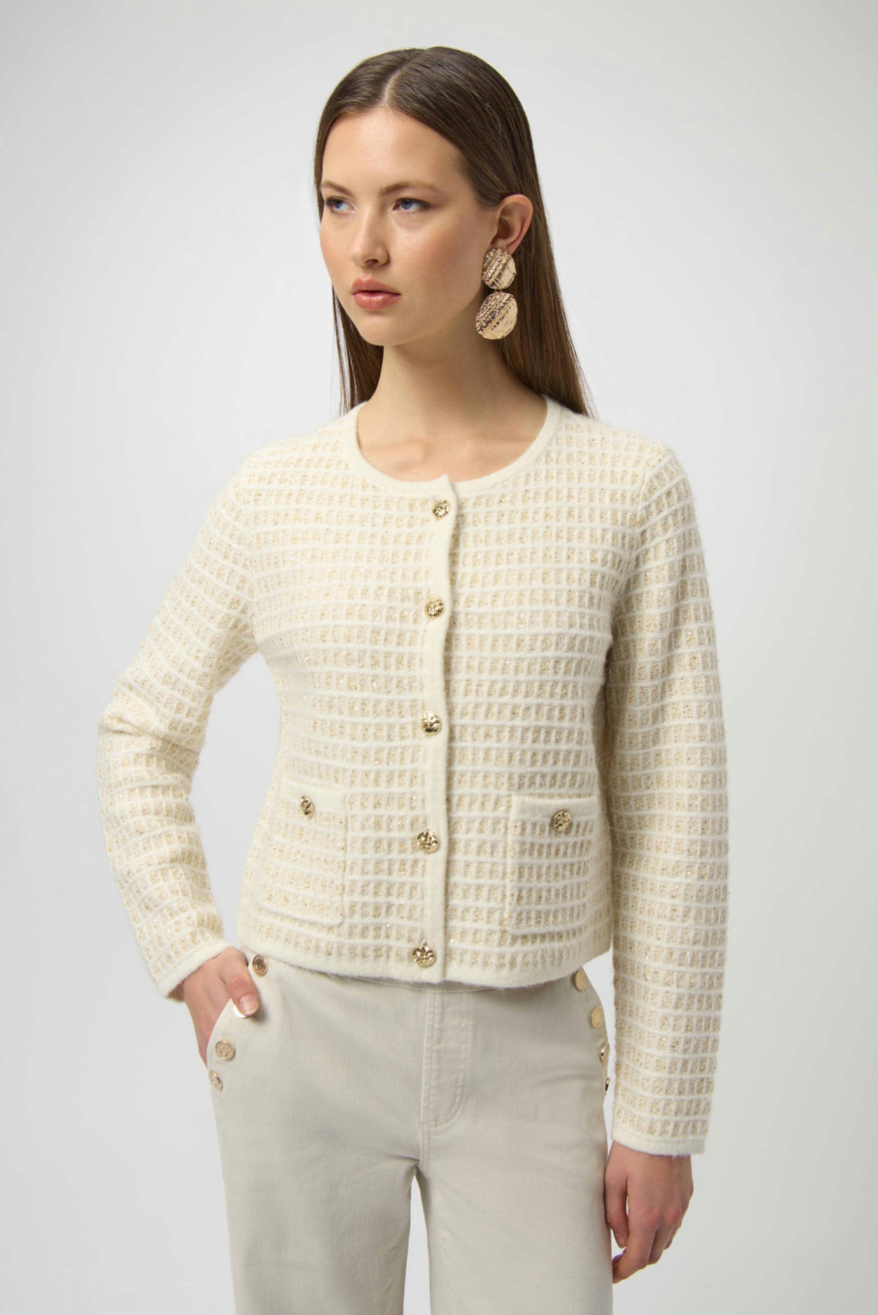 Joseph Ribkoff Sequined Sweater Knit Cardigan with Gold Buttons 254938