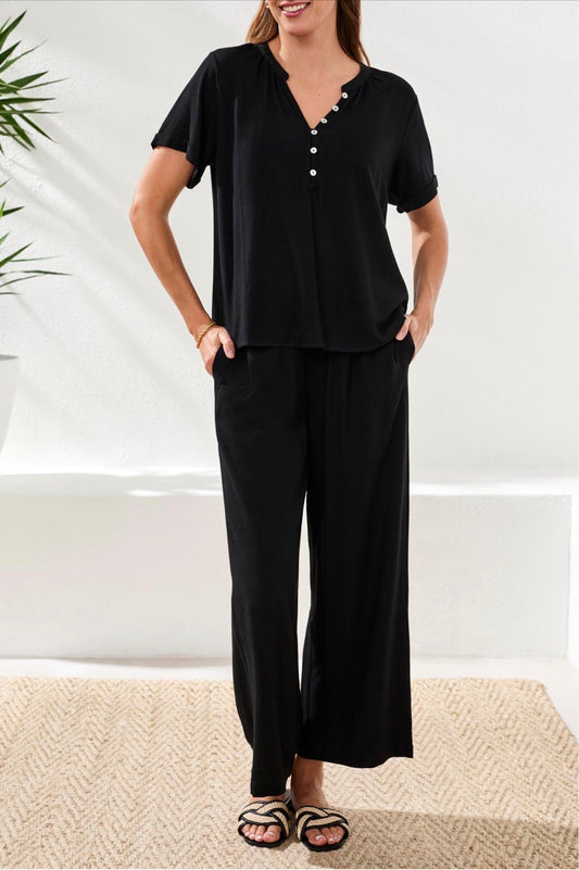 Tribal Linen Notch Neck Relaxed Top Black