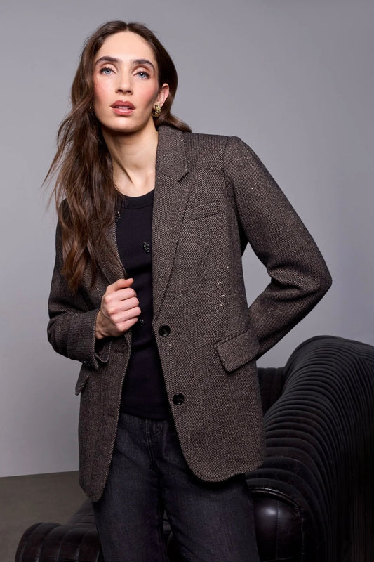 Tribal Blue Thread Herringbone Sequin Tweed Blazer
