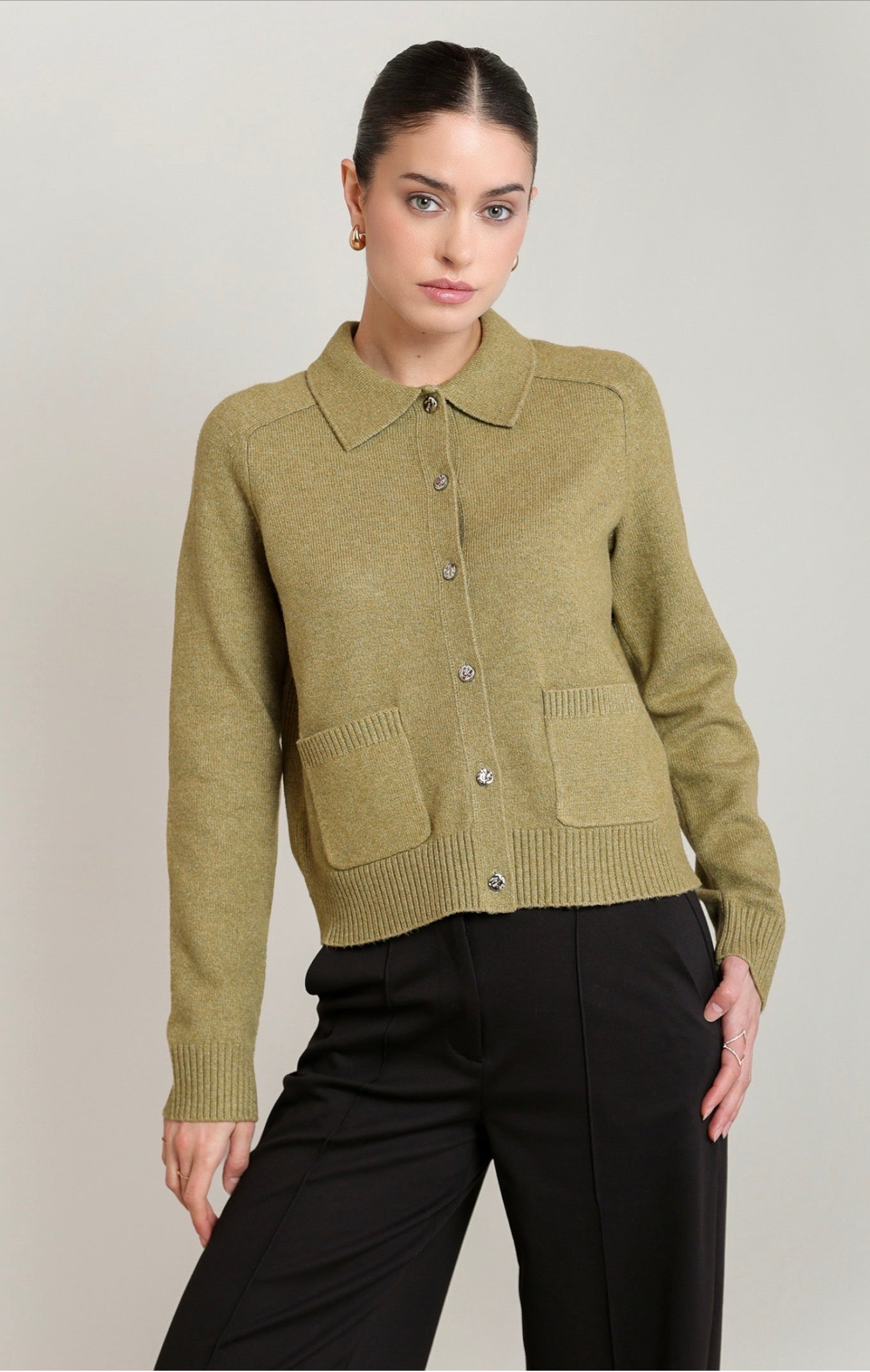 Black Tape Collared Cardigan Olive