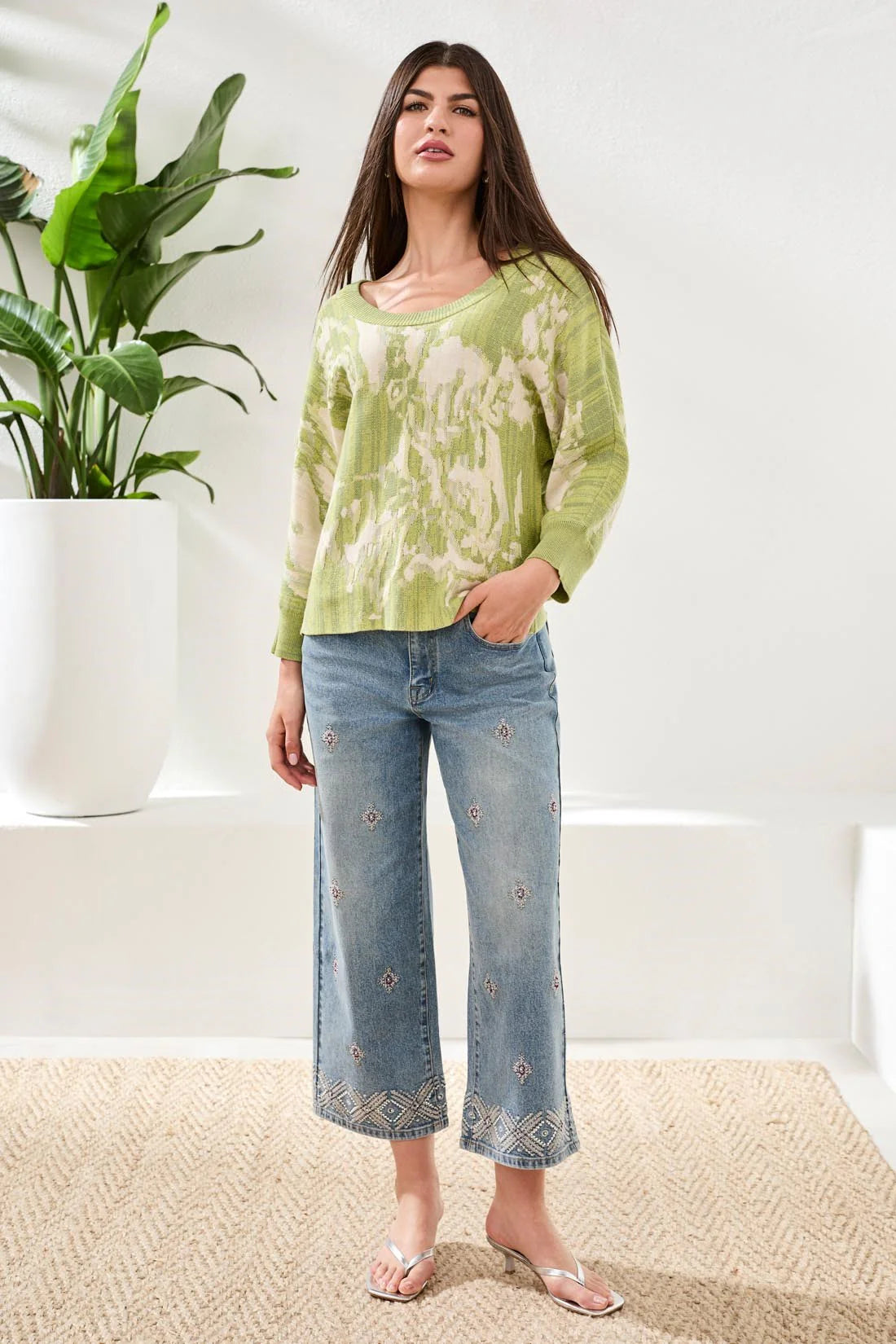 Tribal Boatneck Textured 3/4 Sleeve Sweater