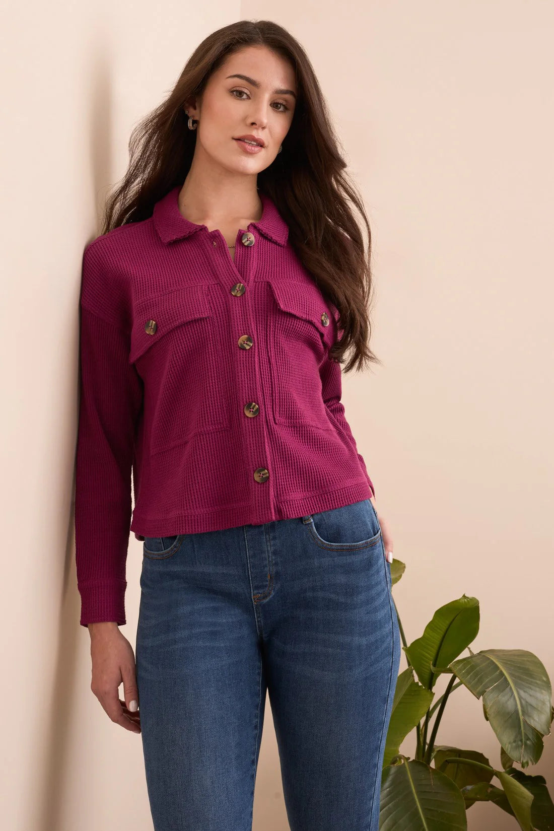 Tribal Waffle Knit Shacket Top Plumwine