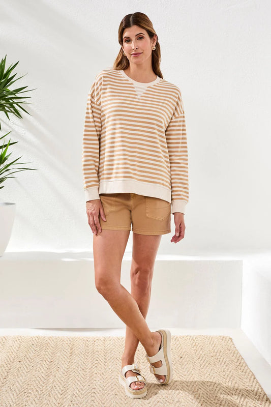 Tribal Drop Shoulder Striped Cotton Crewneck Sesame