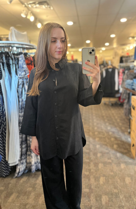 Renuar Flare Sleeve Button Up Top Black
