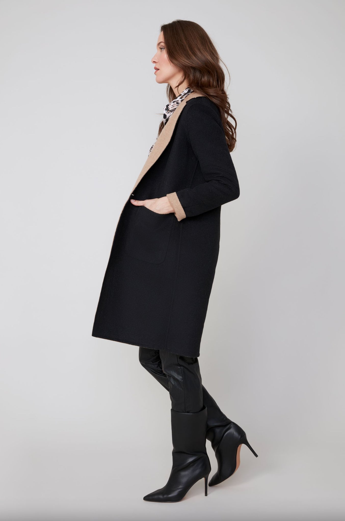 Renuar Reversible Long Wool Coat Black/Tan