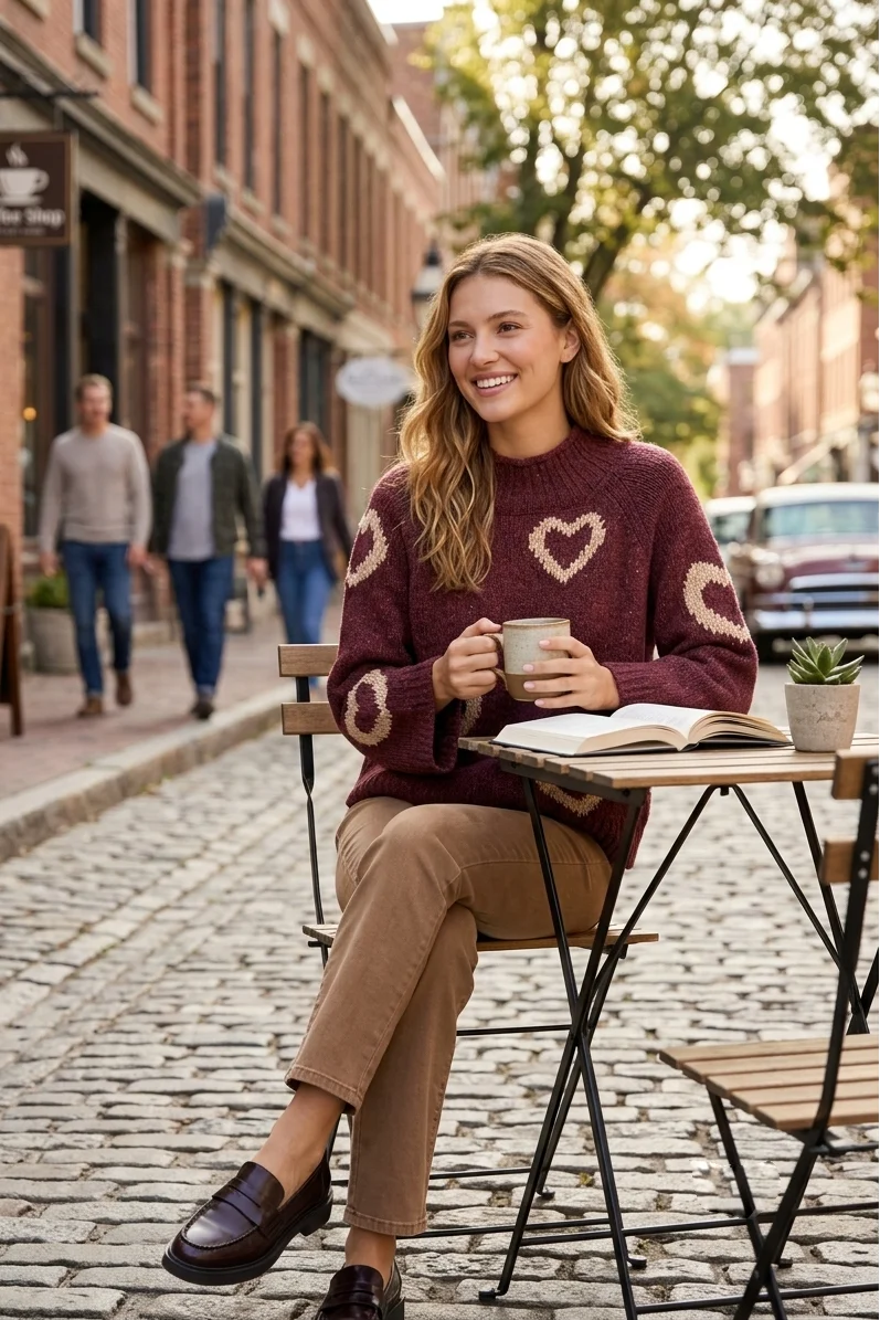 HIGH NECK KNIT SWEATER WITH HEART PLACEMENT