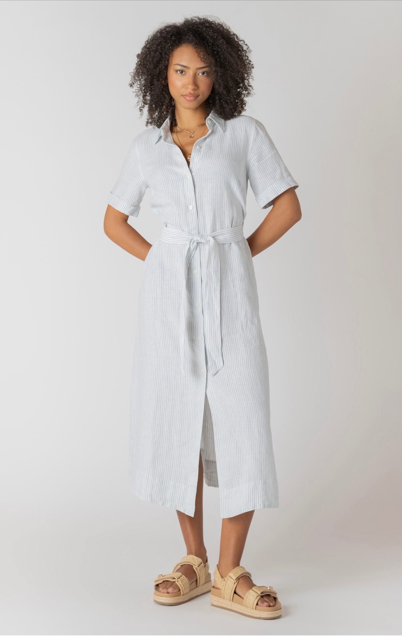 Room 34 Belted Short Dress Blue Stripe