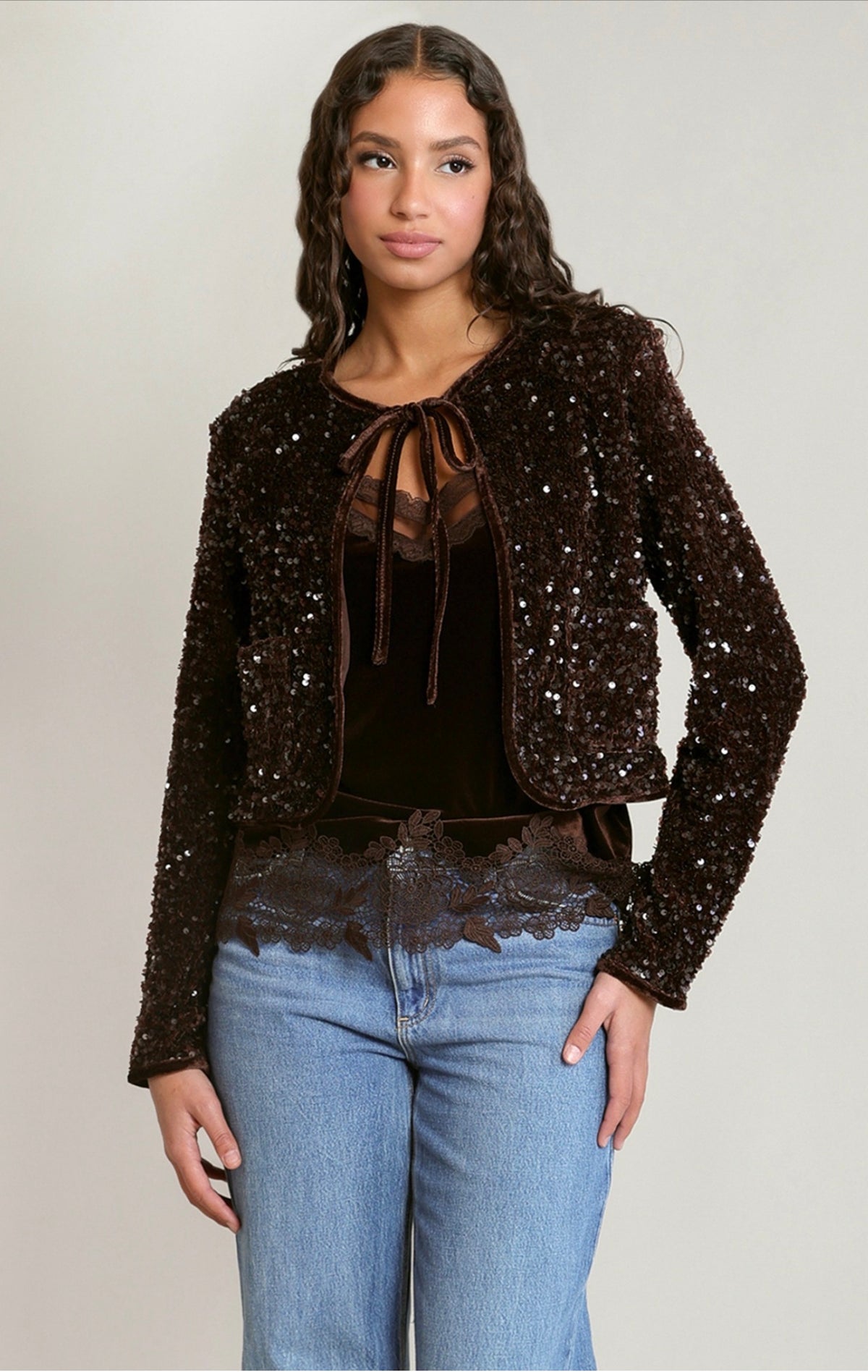 Dex Velvet Sequin Jacket Chocolate