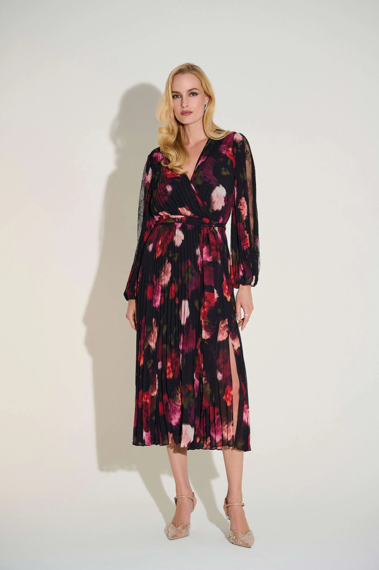 Joseph Ribkoff Pleated Chiffon Floral Fit & Flare Dress 253774