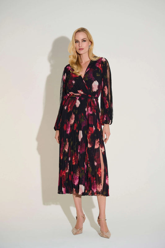 Joseph Ribkoff Pleated Chiffon Floral Fit & Flare Dress 253774