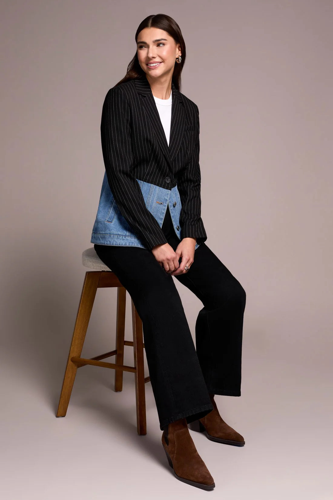 BLUE THREAD MIXED MEDIA PIN STRIPE & DENIM BLAZER