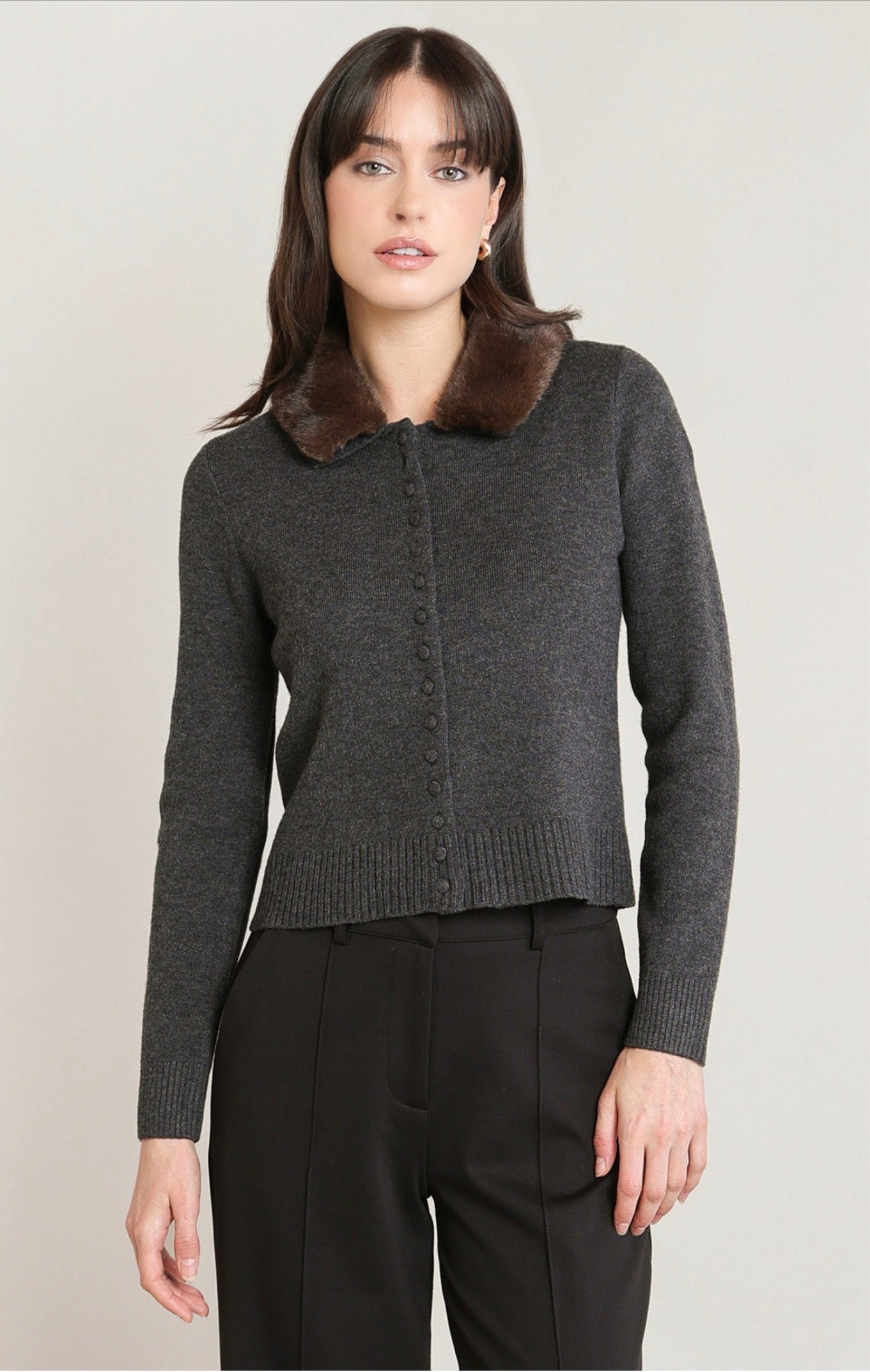 Black Tape Fur Lapel Cardigan Charcoal