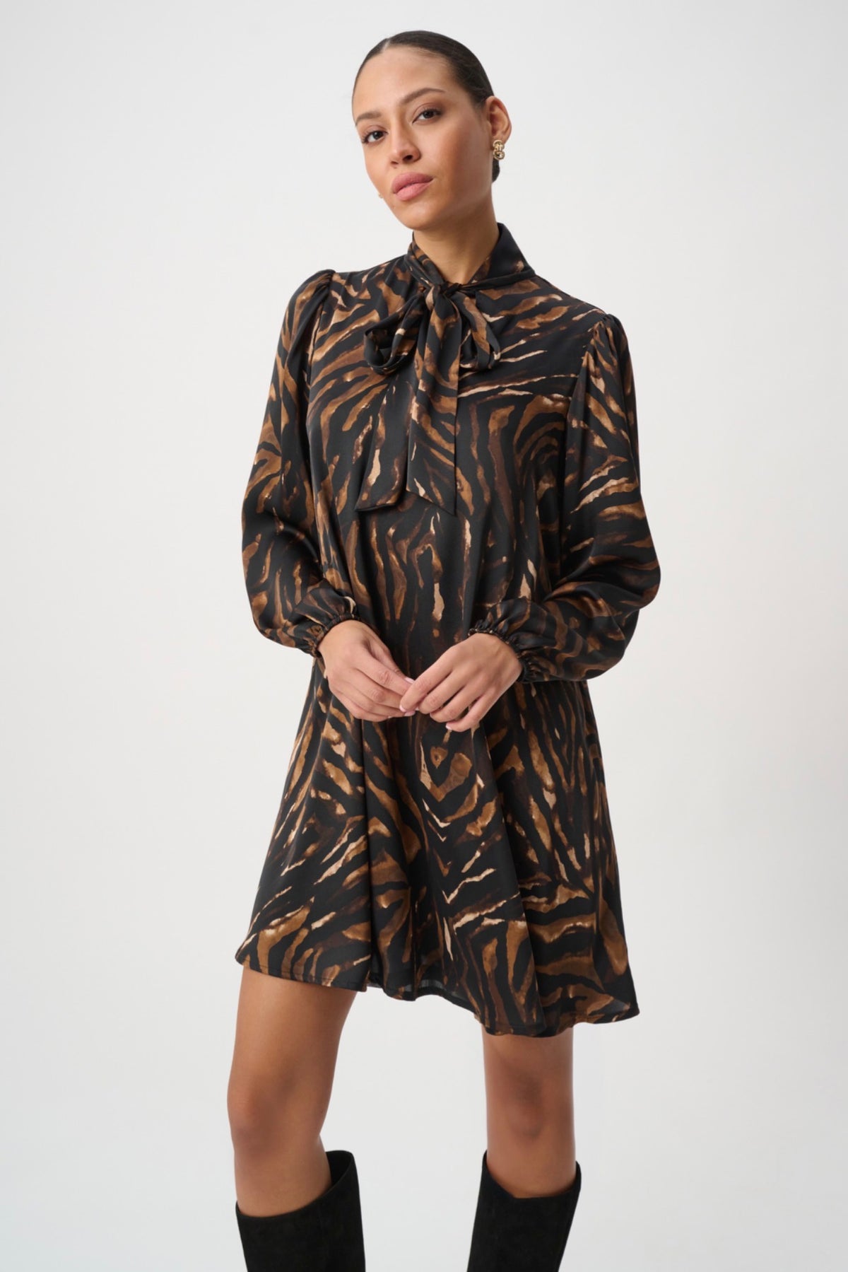 Joseph Ribkoff Animal Print Tie-Neck Trapeze Dress 264139