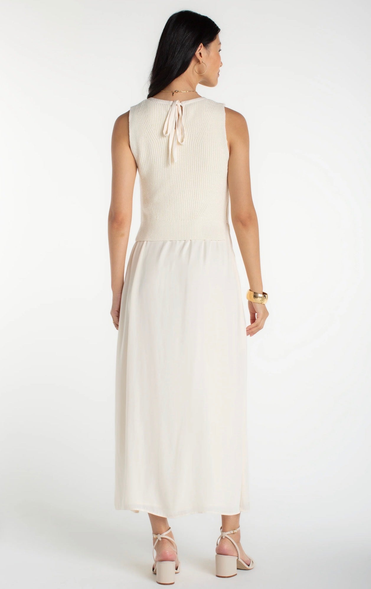Liverpool Sleeveless Tie Back Sweater Woven Dress Cream