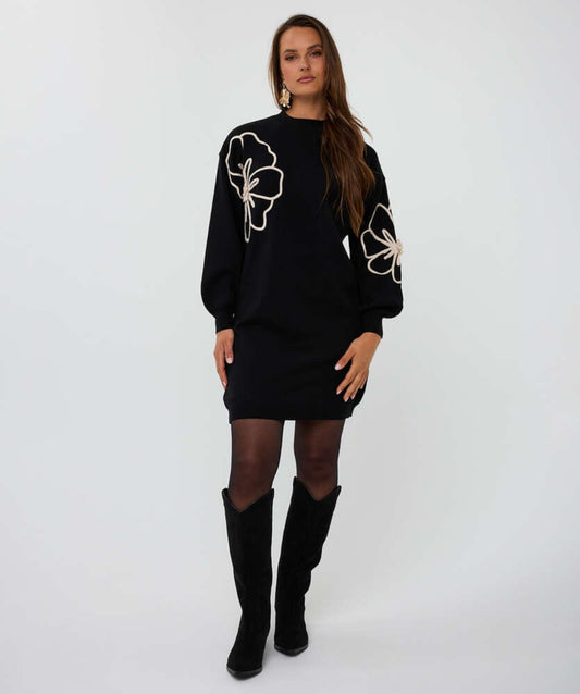 Esqualo Flower Embroidered Dress Black