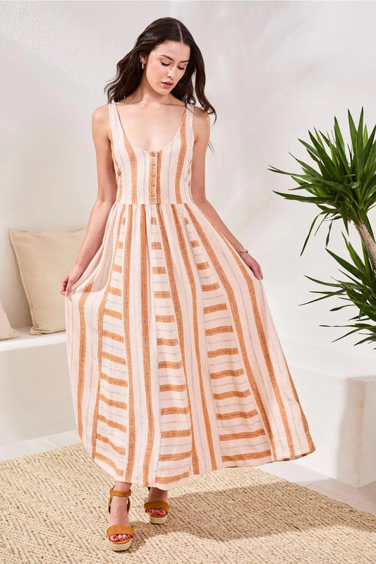 Tribal Linen Contrast Stripe Maxi Dress