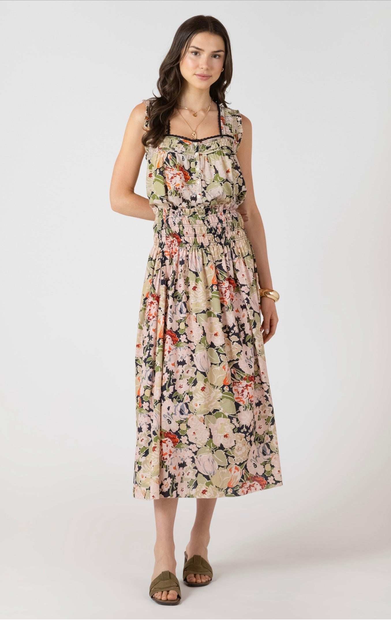 Dex Vintage Rose Smocked Waist Midi Skirt