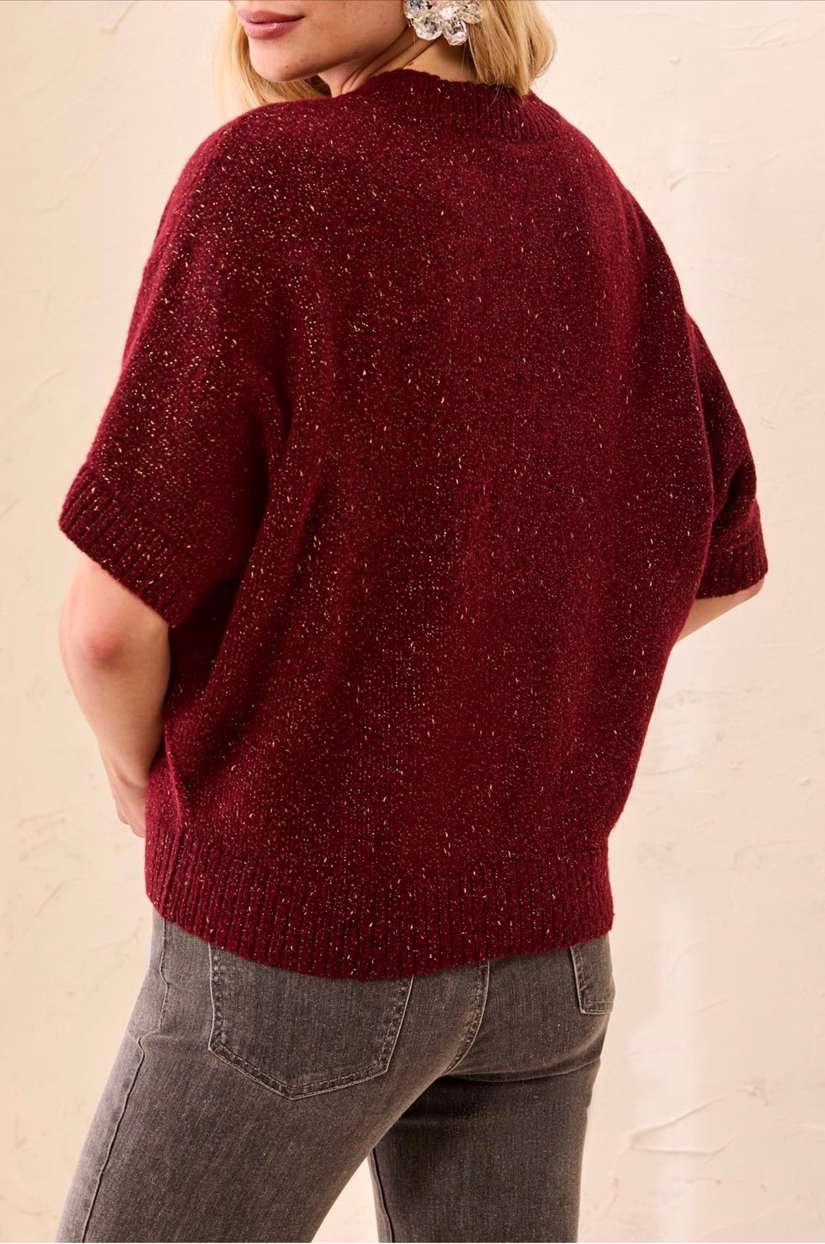 Tribal Drop Sleeve Sparkly Sweater Cherry