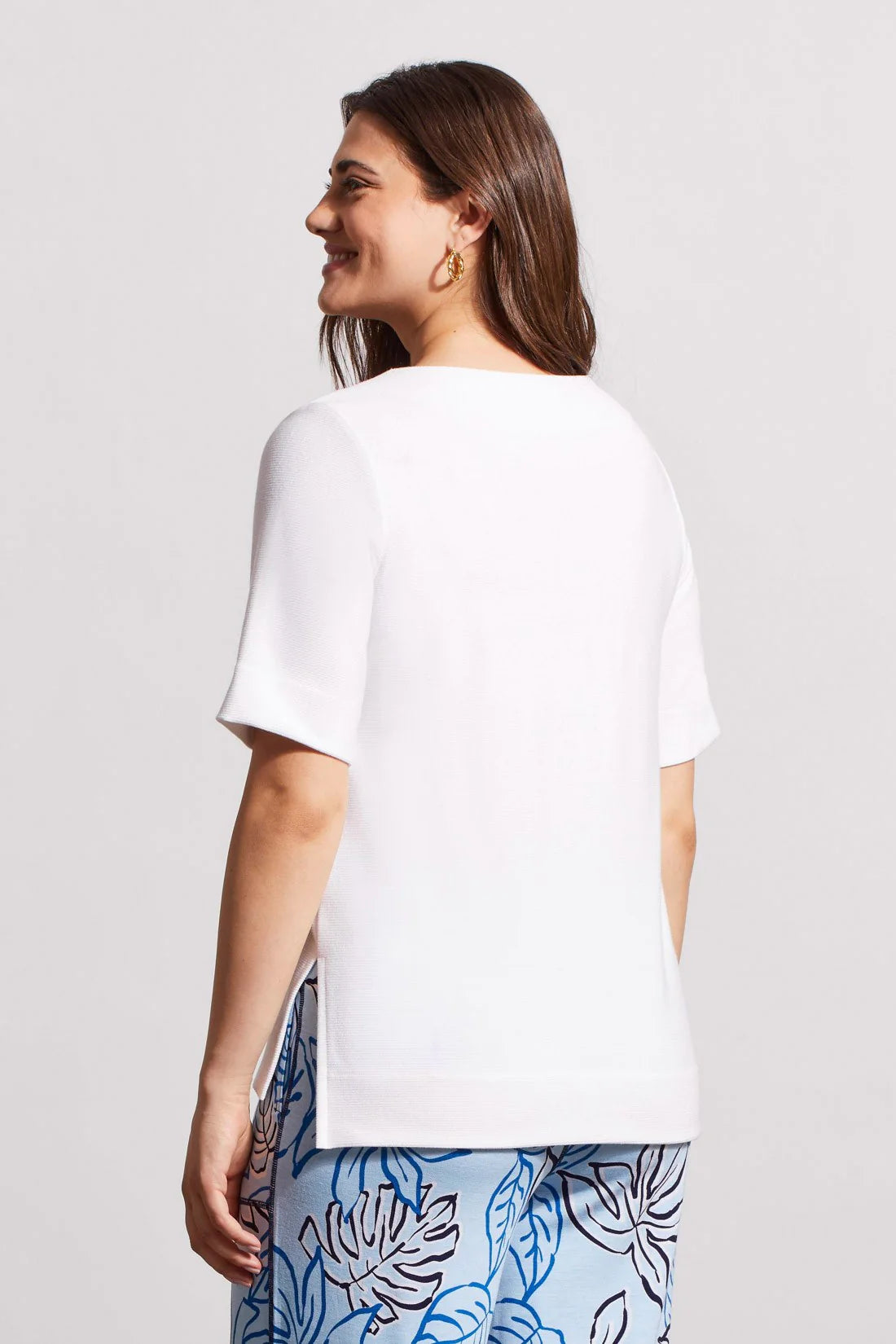 Tribal Boat Neck Elbow Sleeve Top White